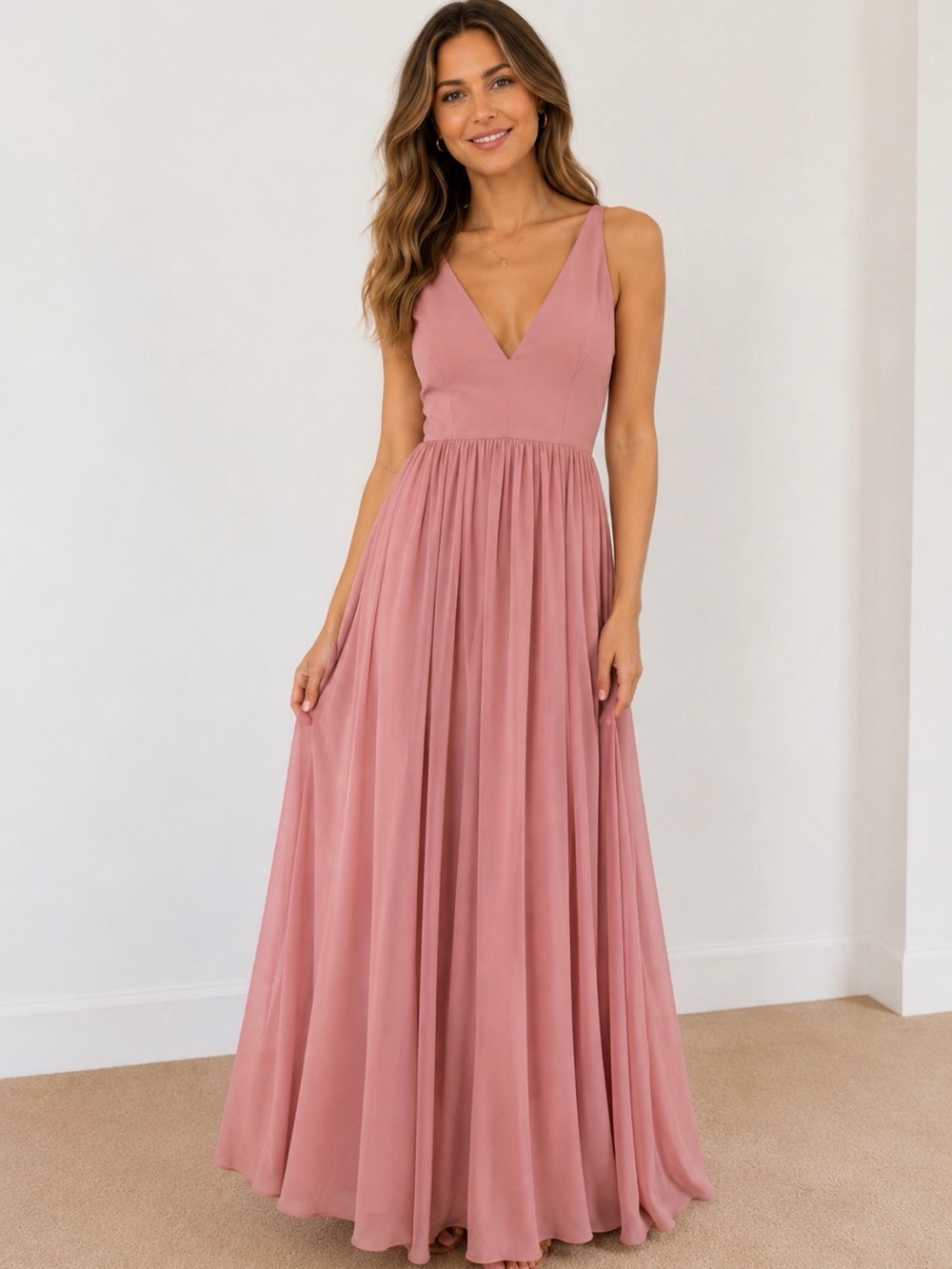 Dress the Population Pink V-Neck Maxi Dress | Size Medium